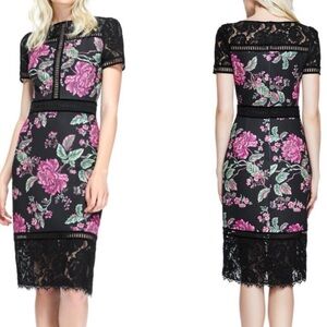 Tadashi Shoji stretch Black Lace Midi Dress with Pink Floral Embroidery